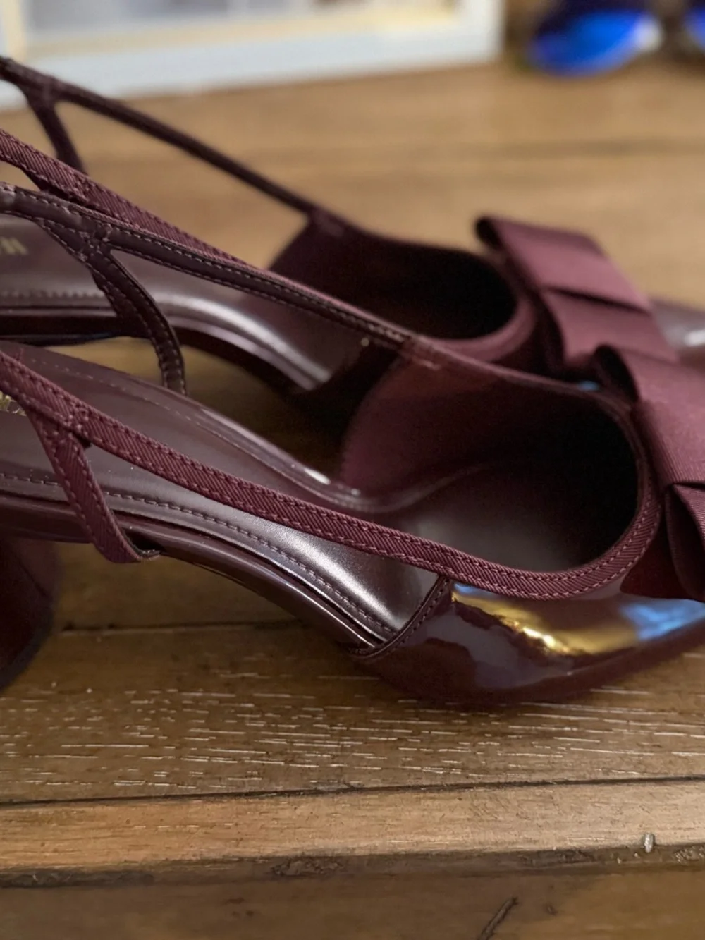 Zara Burgundy Satin & Patent Slingback Heels with Bow - Picture 1 of 2